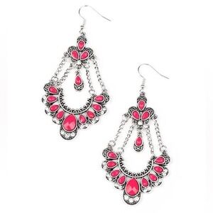 🌷Bright pink and clear rhinestones tiered chandelier earrings